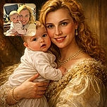 A warm and cozy indoor selfie featuring a smiling woman with curly blonde hair holding a curious baby dressed in soft pink. The background reveals a lived-in room with a TV, shelves, and various household items, adding a casual, everyday charm to the photo.