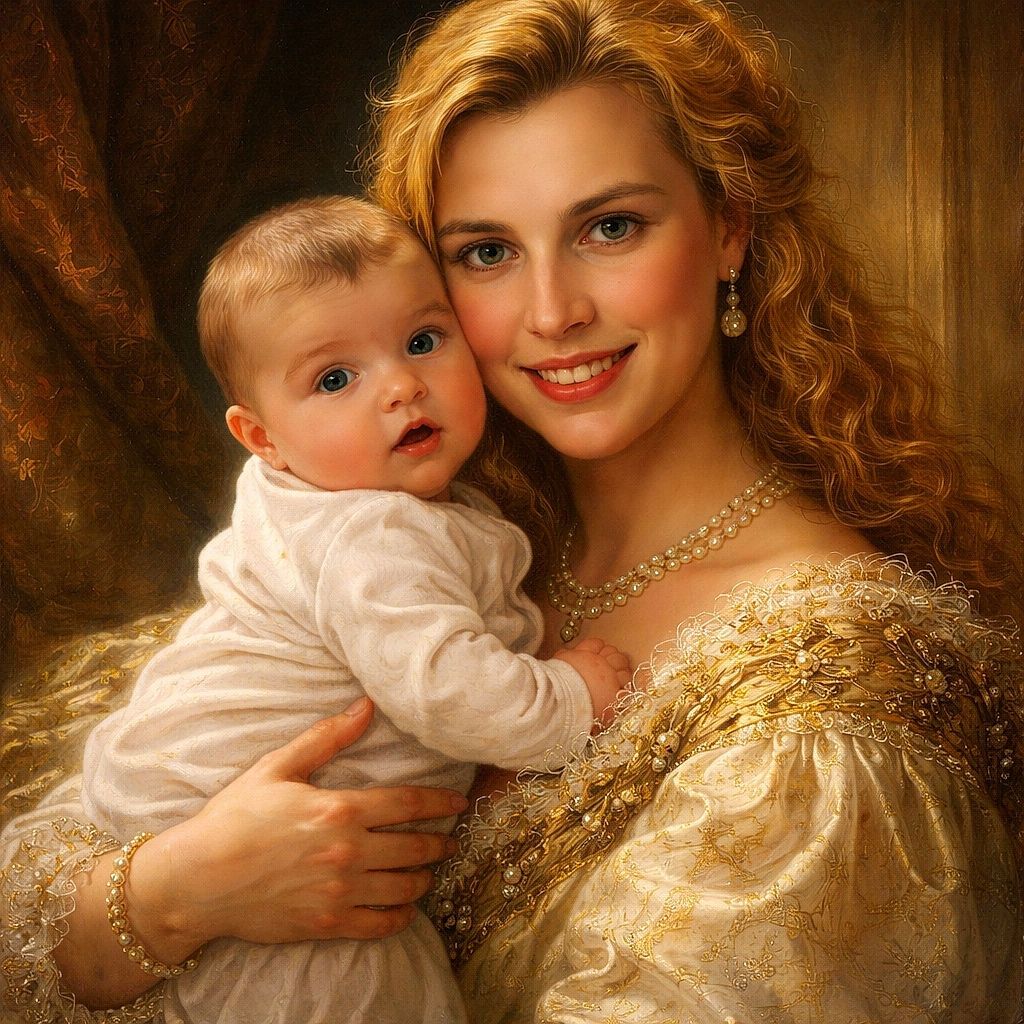 A warm and cozy indoor selfie featuring a smiling woman with curly blonde hair holding a curious baby dressed in soft pink. The background reveals a lived-in room with a TV, shelves, and various household items, adding a casual, everyday charm to the photo.