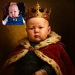 A close-up photo of an adorable baby wearing a denim outfit with a rainbow patch, looking curiously at the camera with a soft, warm background.