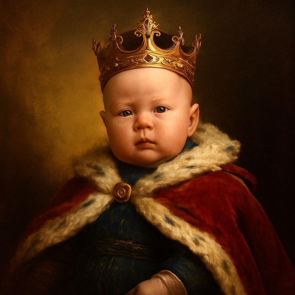 A close-up photo of an adorable baby wearing a denim outfit with a rainbow patch, looking curiously at the camera with a soft, warm background.