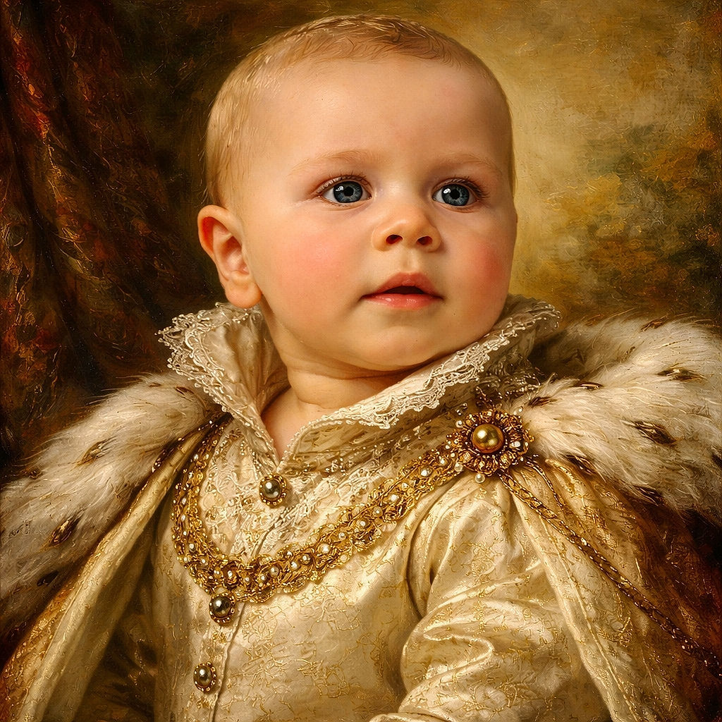 A close-up of a curious baby with sparkling blue eyes and rosy cheeks, wearing a beige textured shirt, held gently by an adult hand, with a soft bokeh background of greenery and warm sunlight.