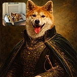 A fluffy dog lounges comfortably in a cozy gray dog bed surrounded by colorful toys, happily panting with its tongue out, basking in the warm indoor light near a white door.