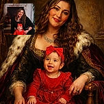 A joyful baby in a bright red outfit and matching headband sits on a soft white rug, smiling widely, while a woman with long wavy hair and a warm smile leans behind her, both posing in front of a cozy brick fireplace adorned with candles and greenery.