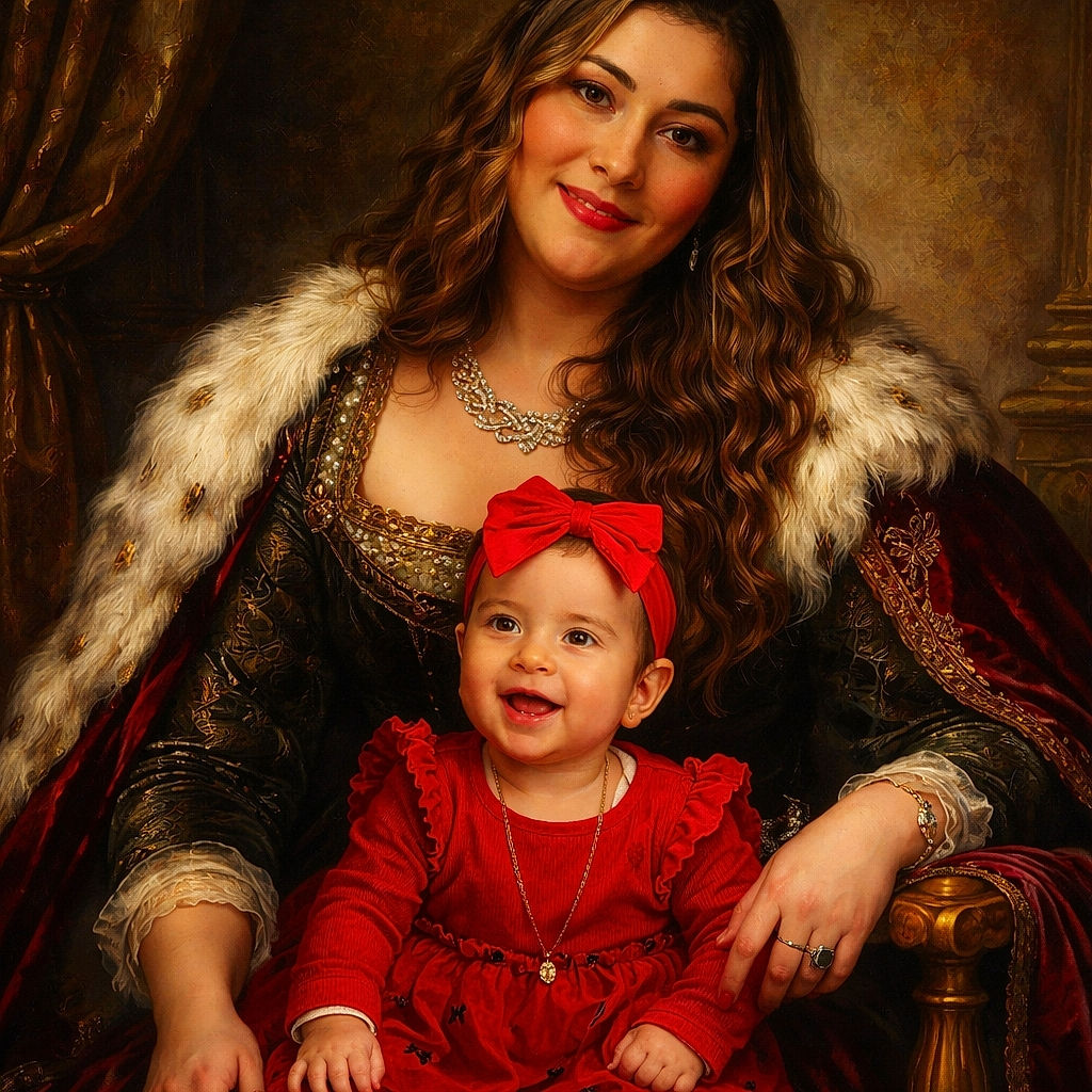 A joyful baby in a bright red outfit and matching headband sits on a soft white rug, smiling widely, while a woman with long wavy hair and a warm smile leans behind her, both posing in front of a cozy brick fireplace adorned with candles and greenery.
