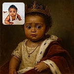 A charming baby with big, curious eyes and curly hair is lying on a soft white surface, wearing a cozy knitted outfit and gold jewelry, looking adorably serious as if contemplating the mysteries of the universe.