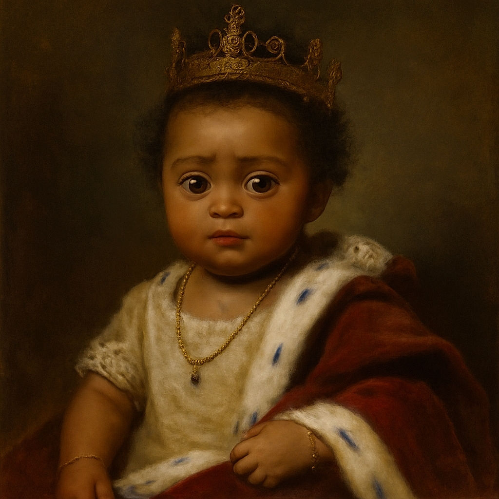 A charming baby with big, curious eyes and curly hair is lying on a soft white surface, wearing a cozy knitted outfit and gold jewelry, looking adorably serious as if contemplating the mysteries of the universe.