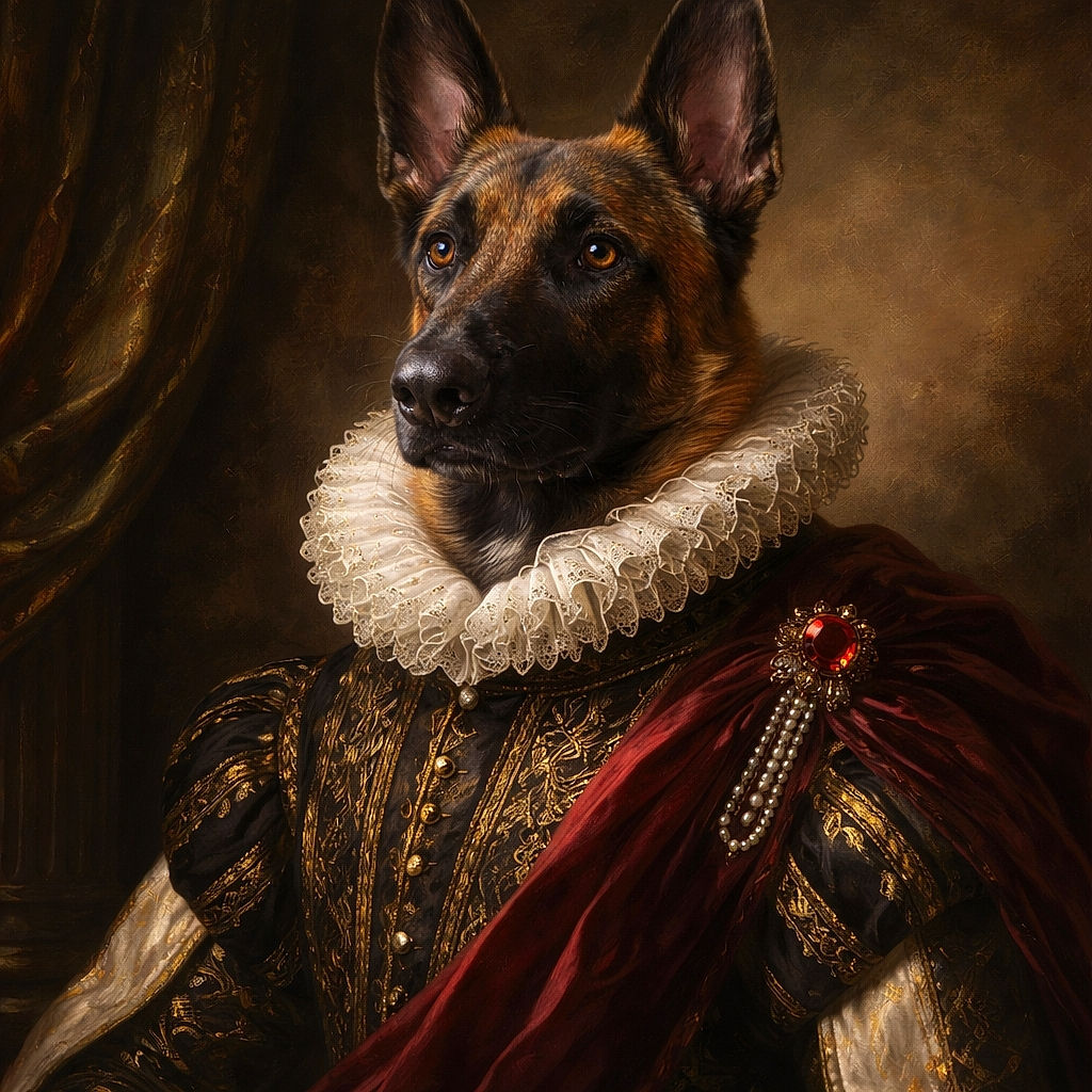 A large dog, possibly a Belgian Malinois or German Shepherd mix, is lying on a tiled floor indoors with a small red berry balanced on its paw, looking attentively off to the side.