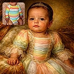 A tiny baby dressed in a vibrant rainbow-striped onesie lounges comfortably on a fluffy beige blanket, giving a curious and slightly amused look to the camera as if pondering the mysteries of the universe.
