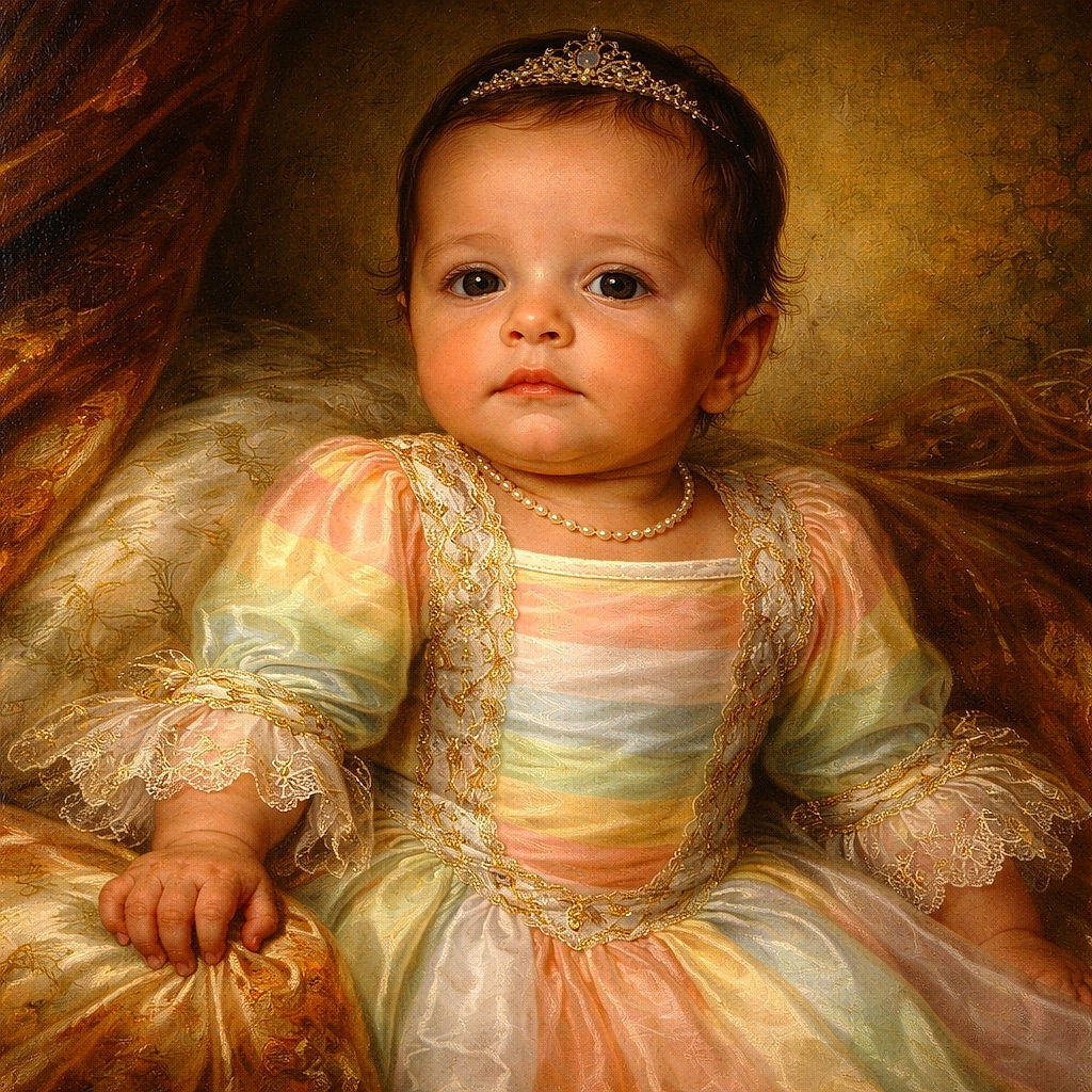 A tiny baby dressed in a vibrant rainbow-striped onesie lounges comfortably on a fluffy beige blanket, giving a curious and slightly amused look to the camera as if pondering the mysteries of the universe.