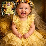 A joyful baby dressed in a frilly yellow dress and matching bow headband lies comfortably in a white wicker basket surrounded by bright sunflowers and greenery, radiating pure happiness and sunshine vibes.