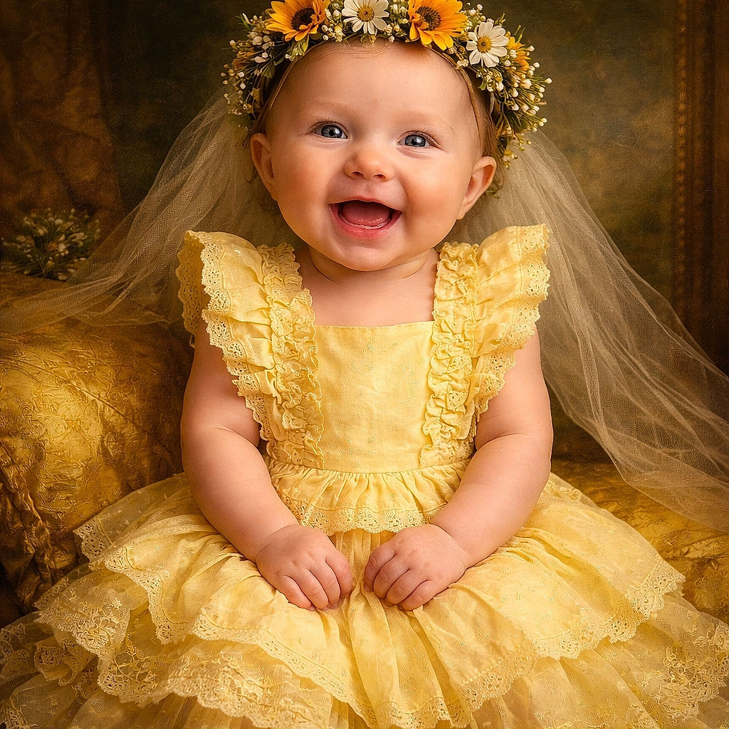 A joyful baby dressed in a frilly yellow dress and matching bow headband lies comfortably in a white wicker basket surrounded by bright sunflowers and greenery, radiating pure happiness and sunshine vibes.