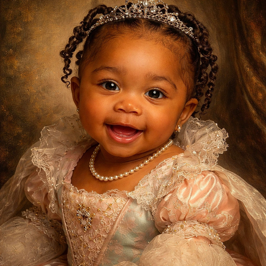 A delightful close-up of a smiling baby with curly hair styled in little twists, wearing a pastel pink bib and a blue outfit, radiating pure joy and innocence.