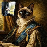 A majestic Siamese cat lounges regally on a cozy window perch, bathed in soft natural light filtering through a slightly foggy window that reveals a lush green yard outside. The room is softly lit, adorned with ribbons and flowers, creating a peaceful and proud feline throne.