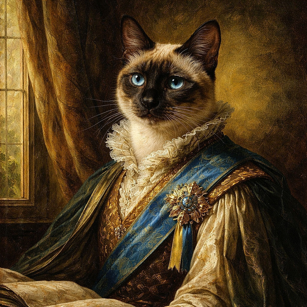 A majestic Siamese cat lounges regally on a cozy window perch, bathed in soft natural light filtering through a slightly foggy window that reveals a lush green yard outside. The room is softly lit, adorned with ribbons and flowers, creating a peaceful and proud feline throne.