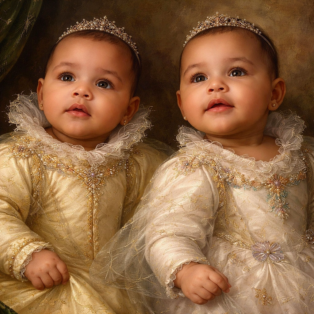 Two chubby-cheeked babies lying side-by-side like professional nap models, wide-eyed in cozy dinosaur onesies — one plotting snack time, the other perfecting their adorable stare for maximum heart-melting effect.