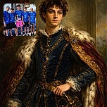A group of five men and teenage boys proudly pose outdoors in matching blue event shirts, with one holding a trophy. Palm trees and a bright blue sky create a sunny, celebratory backdrop. Their smiles and medals suggest a recent athletic achievement.