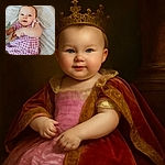 A cute baby with bright eyes and a gentle smile is lying on a soft blanket with tiny heart patterns, wearing a purple checkered dress and holding a plush toy, radiating pure innocence and joy.