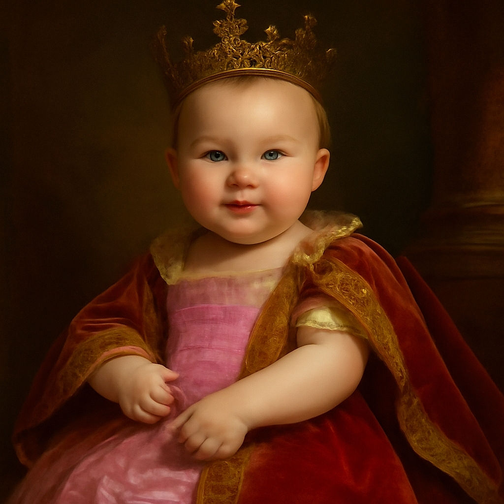 A cute baby with bright eyes and a gentle smile is lying on a soft blanket with tiny heart patterns, wearing a purple checkered dress and holding a plush toy, radiating pure innocence and joy.