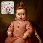 A cozy baby dressed in pink knitwear lies on a fluffy white blanket with two heart shapes gently pressed into the fabric. Surrounding the baby are a pink book, a pink checkered box, a Minnie Mouse plush toy, and a cute wooden cloud sign indicating '2 months'. The scene radiates warmth, softness, and the sweet innocence of early infancy.