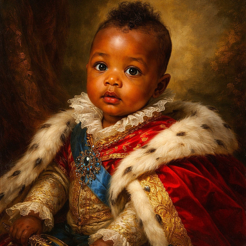 A curious baby in a bright red shirt sits on a patterned bedspread, holding a pacifier in each hand, looking up with wide eyes and a slight pout, framed by a cozy yellow blanket in the background.