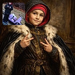 A bundled-up kid flashes playful peace signs beside a toppled purple toy scooter on the curb — winter beanie, oversized hoodie, and a mischievous grin set against a leaf-strewn woods backdrop. Looks like scooter drama met commuter curb and a tiny negotiator arrived to settle it.