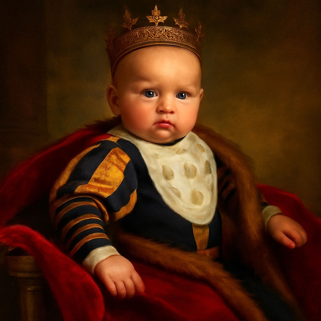 A chubby-cheeked baby is comfortably nestled in a gray baby carrier, wearing a striped yellow and navy sweater and a slightly stained bib, looking curiously at the camera as an adult partially appears on the right side of the frame in a casual indoor setting.