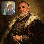 A cozy indoor snapshot of a smiling man holding a curious baby with a pacifier, both warmly dressed. The soft light coming from the side adds a gentle glow to the scene, creating a warm and intimate family moment.