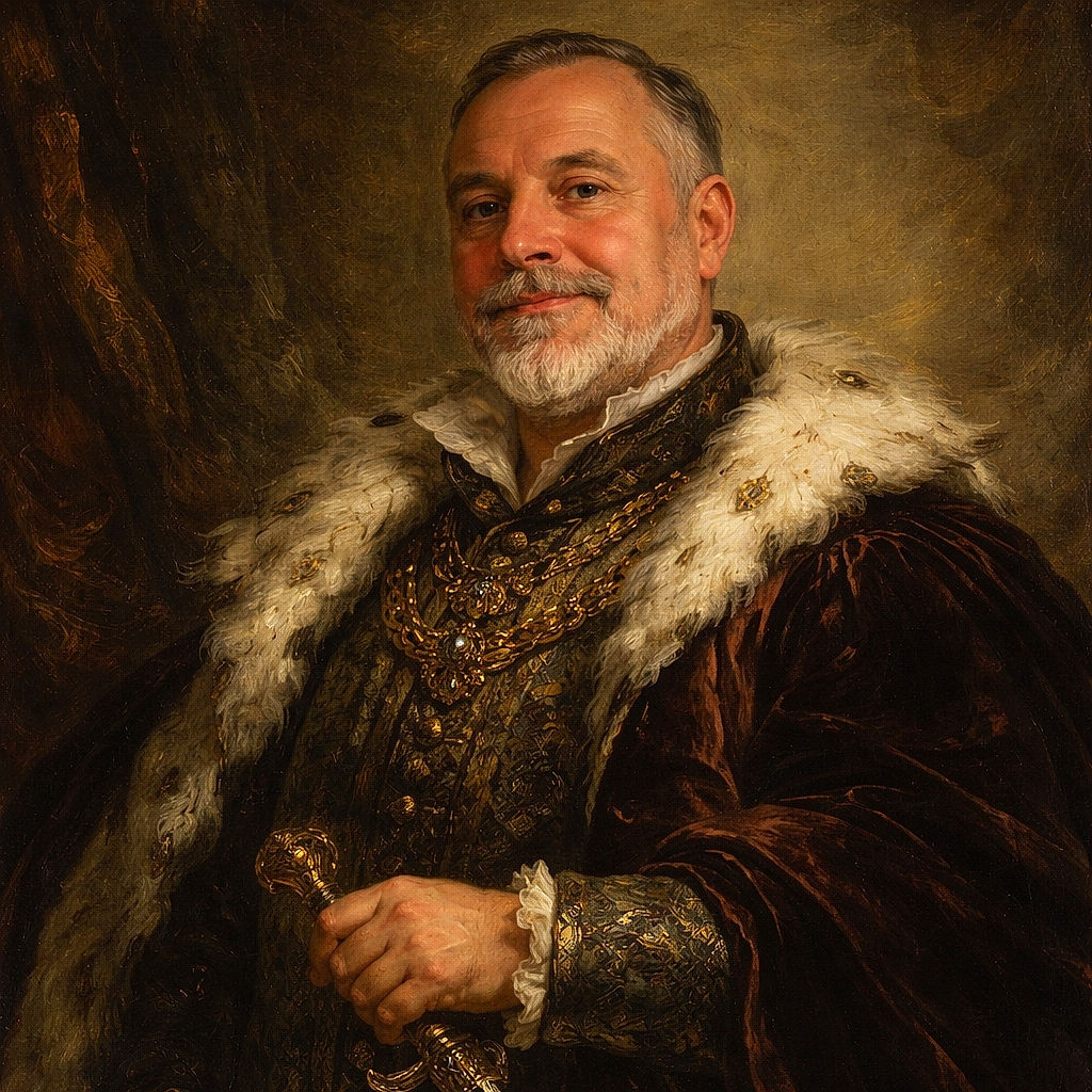 A cozy indoor snapshot of a smiling man holding a curious baby with a pacifier, both warmly dressed. The soft light coming from the side adds a gentle glow to the scene, creating a warm and intimate family moment.