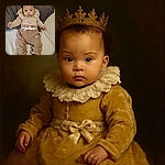 A cute baby is lying on a bed with a cozy gray pillow behind, wearing adorable beige and brown clothes with playful cartoon characters. The baby looks calm and curious, with big eyes staring directly at the camera, surrounded by soft textures and warm tones.