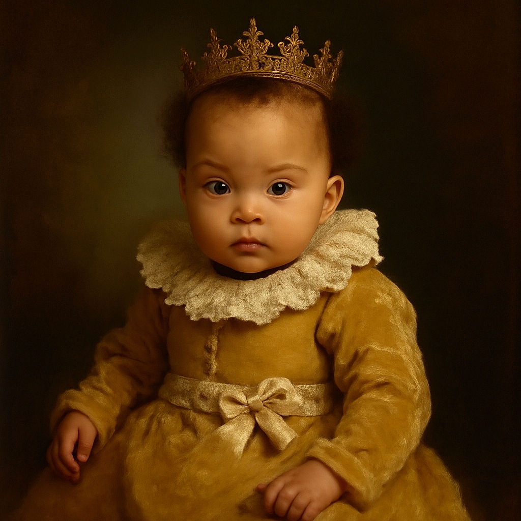 A cute baby is lying on a bed with a cozy gray pillow behind, wearing adorable beige and brown clothes with playful cartoon characters. The baby looks calm and curious, with big eyes staring directly at the camera, surrounded by soft textures and warm tones.