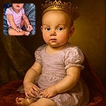 An adorable baby in a light purple onesie sits comfortably on a plush blue blanket, looking curiously at the camera with big, bright eyes and a slightly open mouth, capturing a moment of innocent wonder.