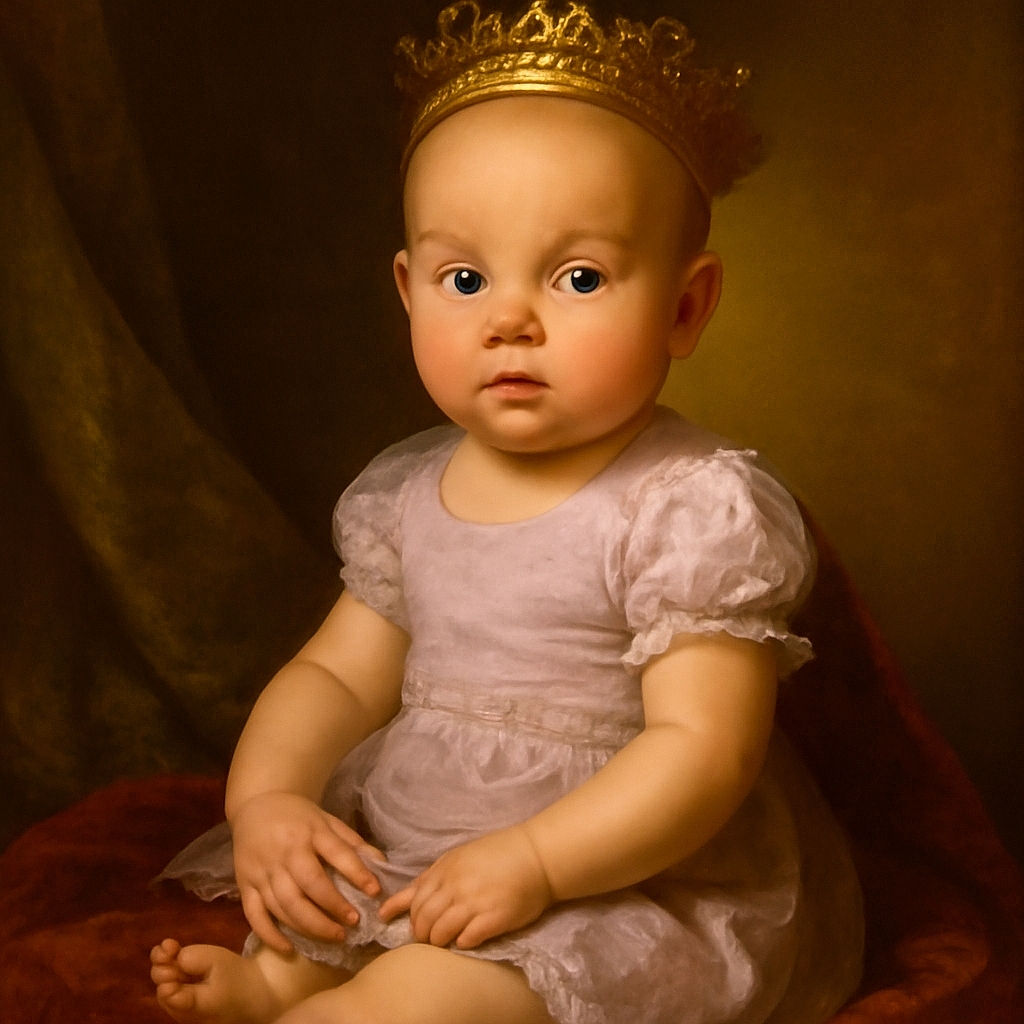 An adorable baby in a light purple onesie sits comfortably on a plush blue blanket, looking curiously at the camera with big, bright eyes and a slightly open mouth, capturing a moment of innocent wonder.