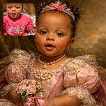 A cheerful baby dressed in a bright pink Hello Kitty sweater, with a matching pink bow on her head, sits comfortably on a cozy blanket with a brown couch in the background. The baby looks curious and engaged, making the photo warm and inviting.