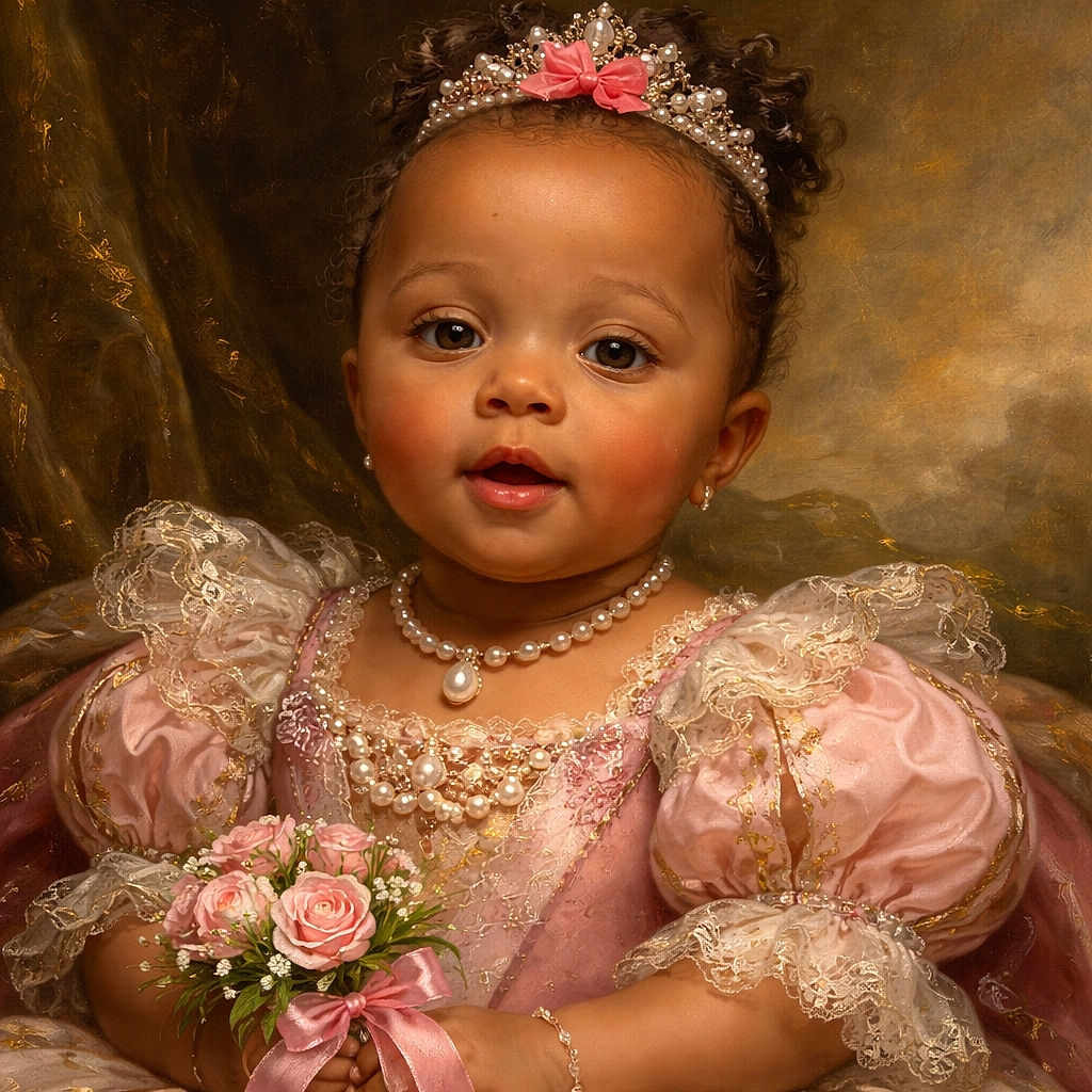 A cheerful baby dressed in a bright pink Hello Kitty sweater, with a matching pink bow on her head, sits comfortably on a cozy blanket with a brown couch in the background. The baby looks curious and engaged, making the photo warm and inviting.