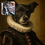 A curious black and white dog with expressive eyes leans forward on a worn-out bench, surrounded by scattered toys and a cozy blanket, with a sunny outdoor background and a child partially visible in the distance.