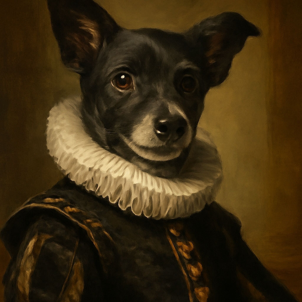 A curious black and white dog with expressive eyes leans forward on a worn-out bench, surrounded by scattered toys and a cozy blanket, with a sunny outdoor background and a child partially visible in the distance.