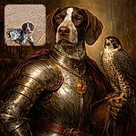 A speckled dog with a serious expression lounges on a wooden deck, basking in the warm sunlight with a dusty gravel yard in the background, looking like it's contemplating the meaning of fetch.