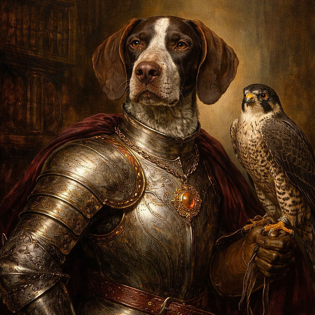 A speckled dog with a serious expression lounges on a wooden deck, basking in the warm sunlight with a dusty gravel yard in the background, looking like it's contemplating the meaning of fetch.