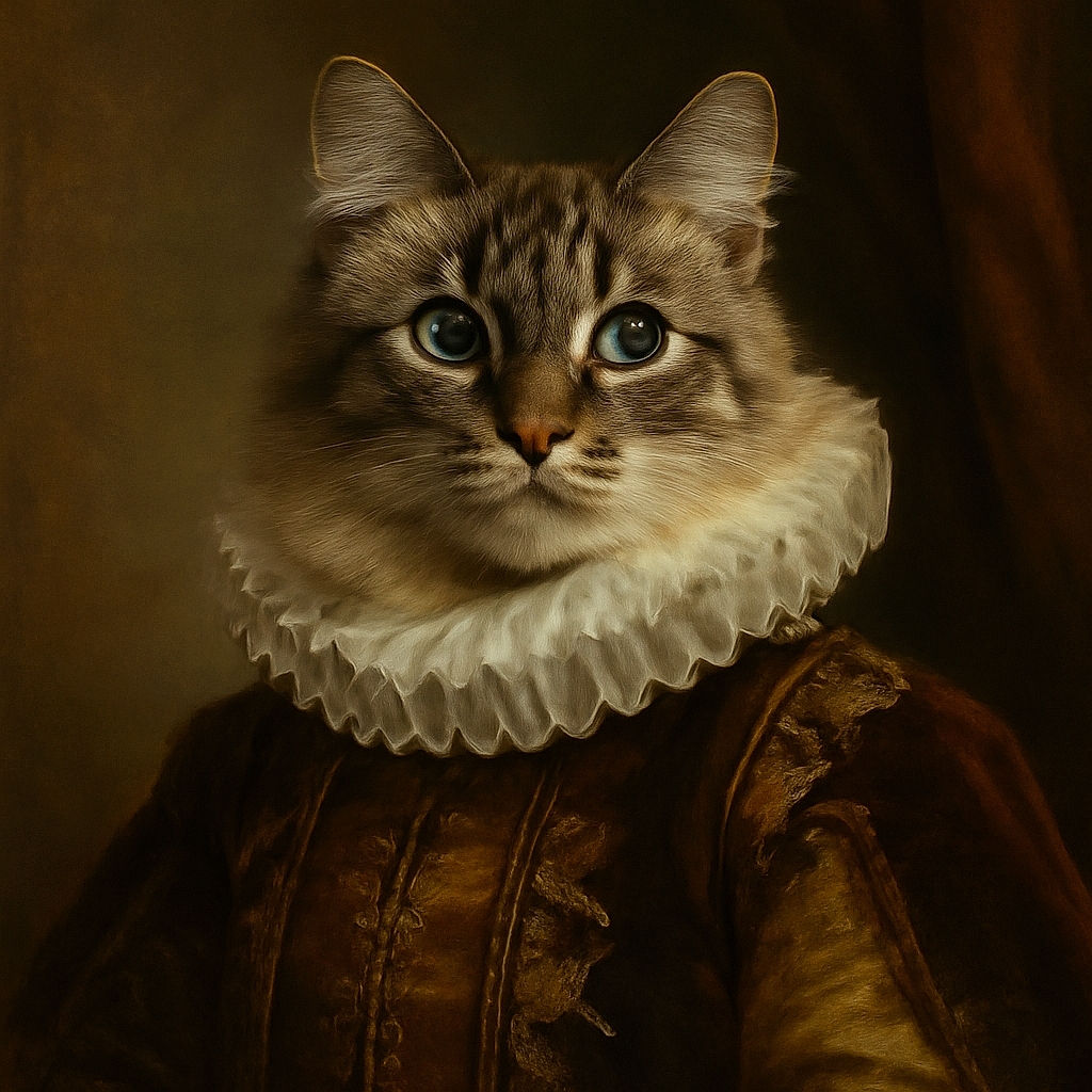 A fluffy cat is standing on its hind legs on a soft rug, intently playing with a dangling string. The background shows a floral patterned curtain and wooden floor, adding a cozy home vibe.