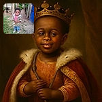 A small child stands outdoors on a patchy grassy area, dressed in a floral jacket with a pink shirt underneath, blue jeans, and white shoes. The child is smiling shyly with hands clasped together. Behind them, there are trees, a wooden fence, a white metal chair with a black pot on it, and a blue trash bin. The scene captures a candid, innocent moment in a backyard setting.