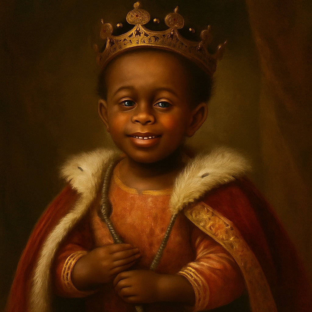 A small child stands outdoors on a patchy grassy area, dressed in a floral jacket with a pink shirt underneath, blue jeans, and white shoes. The child is smiling shyly with hands clasped together. Behind them, there are trees, a wooden fence, a white metal chair with a black pot on it, and a blue trash bin. The scene captures a candid, innocent moment in a backyard setting.