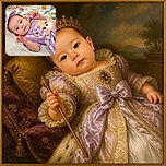 A wide-eyed baby in a lavender outfit and oversized bow lounges on a floral blanket, gazing at the camera like a tiny celebrity while a plush bear companion joins the photo shoot.