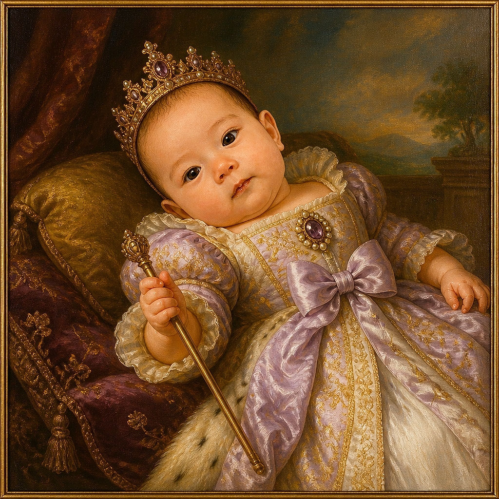 A wide-eyed baby in a lavender outfit and oversized bow lounges on a floral blanket, gazing at the camera like a tiny celebrity while a plush bear companion joins the photo shoot.