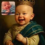 A smiling baby with bright eyes and a joyful expression, wrapped in a blue striped blanket, with a cozy red background and a sweet text overlay saying 'Love you baby ❤️'.