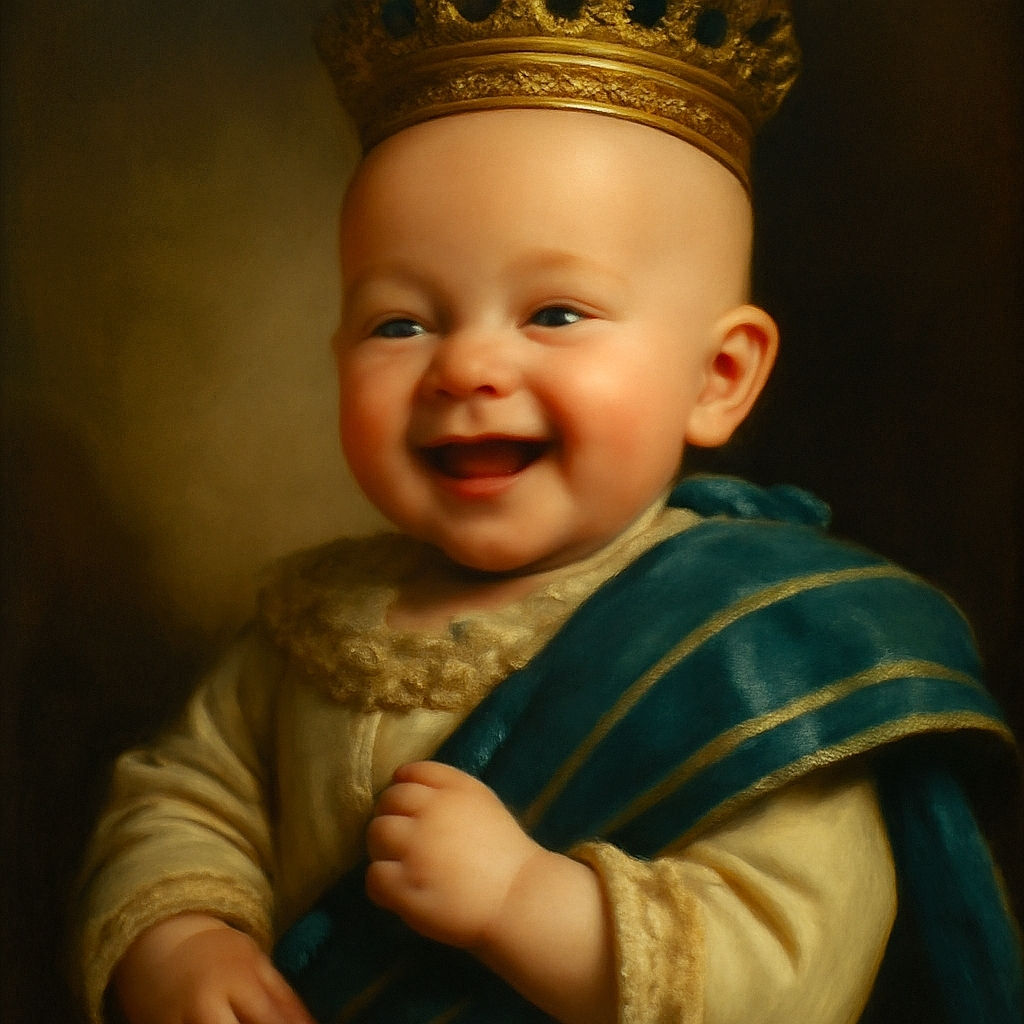 A smiling baby with bright eyes and a joyful expression, wrapped in a blue striped blanket, with a cozy red background and a sweet text overlay saying 'Love you baby ❤️'.