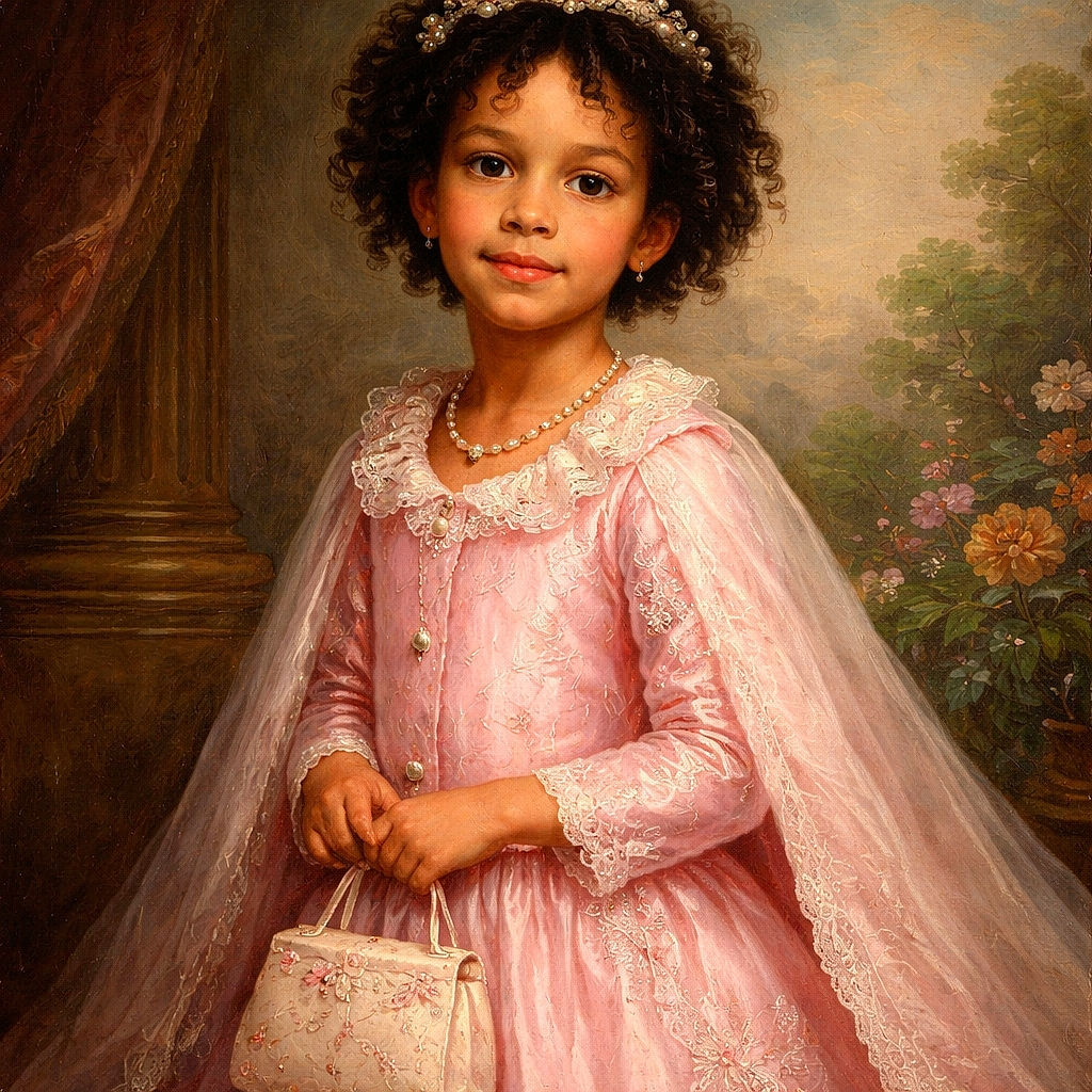 A tiny mall fashionista in full pink armor — curly hair, buttoned-up coat, and a floral handbag — posing like the playground belongs to them while decorative trees look on in awe.