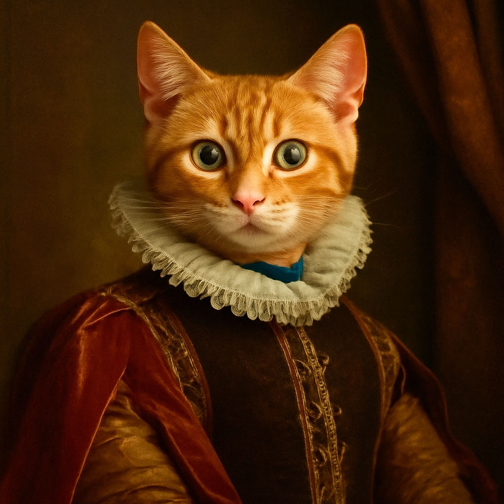 A curious orange tabby kitten with a bright blue collar lounges comfortably on a worn brown leather couch, looking intently at the camera with wide, innocent eyes.