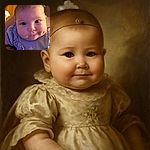 A close-up of an adorable baby with chubby cheeks and a tiny purple bow on their head, wearing a ruffled lavender outfit, looking curiously into the camera with big shiny eyes in a cozy indoor setting.