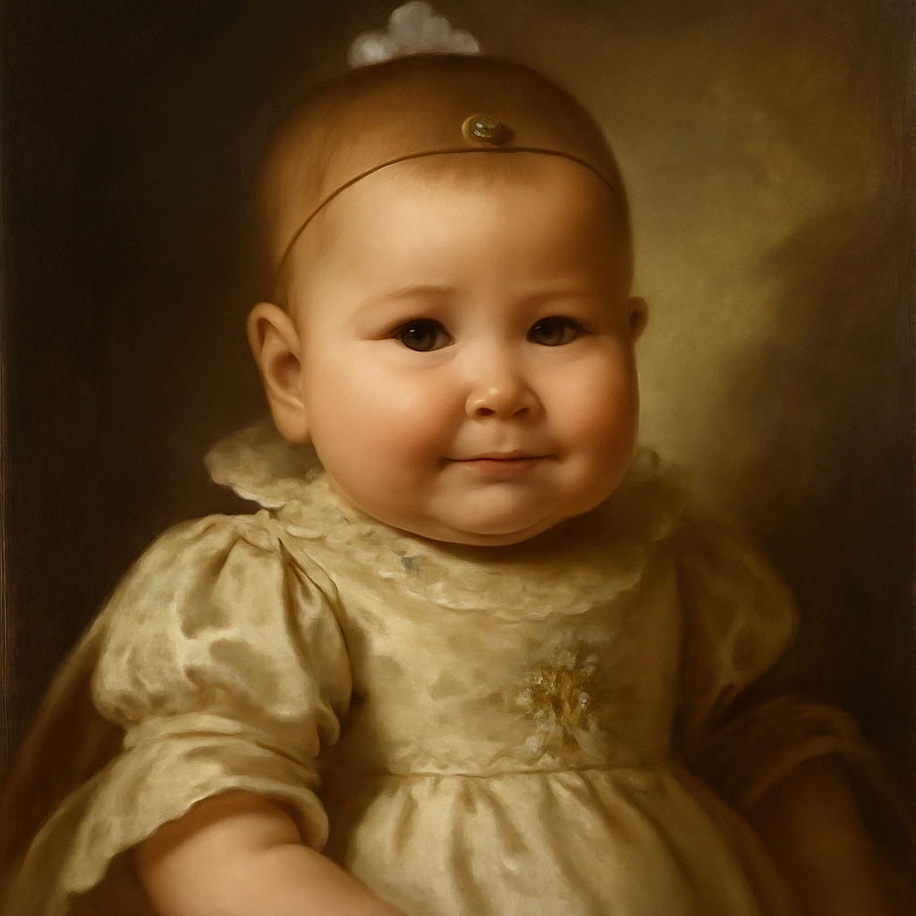 A close-up of an adorable baby with chubby cheeks and a tiny purple bow on their head, wearing a ruffled lavender outfit, looking curiously into the camera with big shiny eyes in a cozy indoor setting.