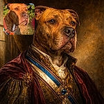 A dignified brindle dog soaks up golden-hour sun like it just remembered it’s the family model — noble squint, heroic nose, and an orange harness that screams ‘walk time’. A dramatic shadow stripe and a thumb-in-corner add accidental artistic flair.